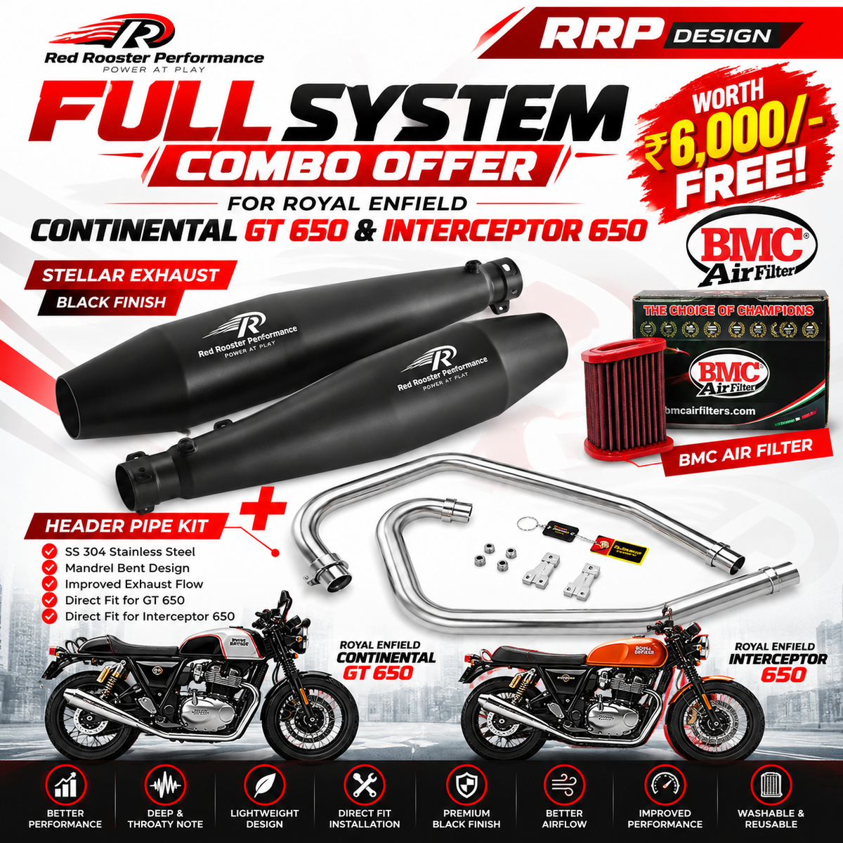 COMBO OFFER GT650/ INTERCEPTOR 650 RRP EXHUAST & RRP HEADER PIPE WORTH ₹6,000 BMC AIR FLITER FREE!
