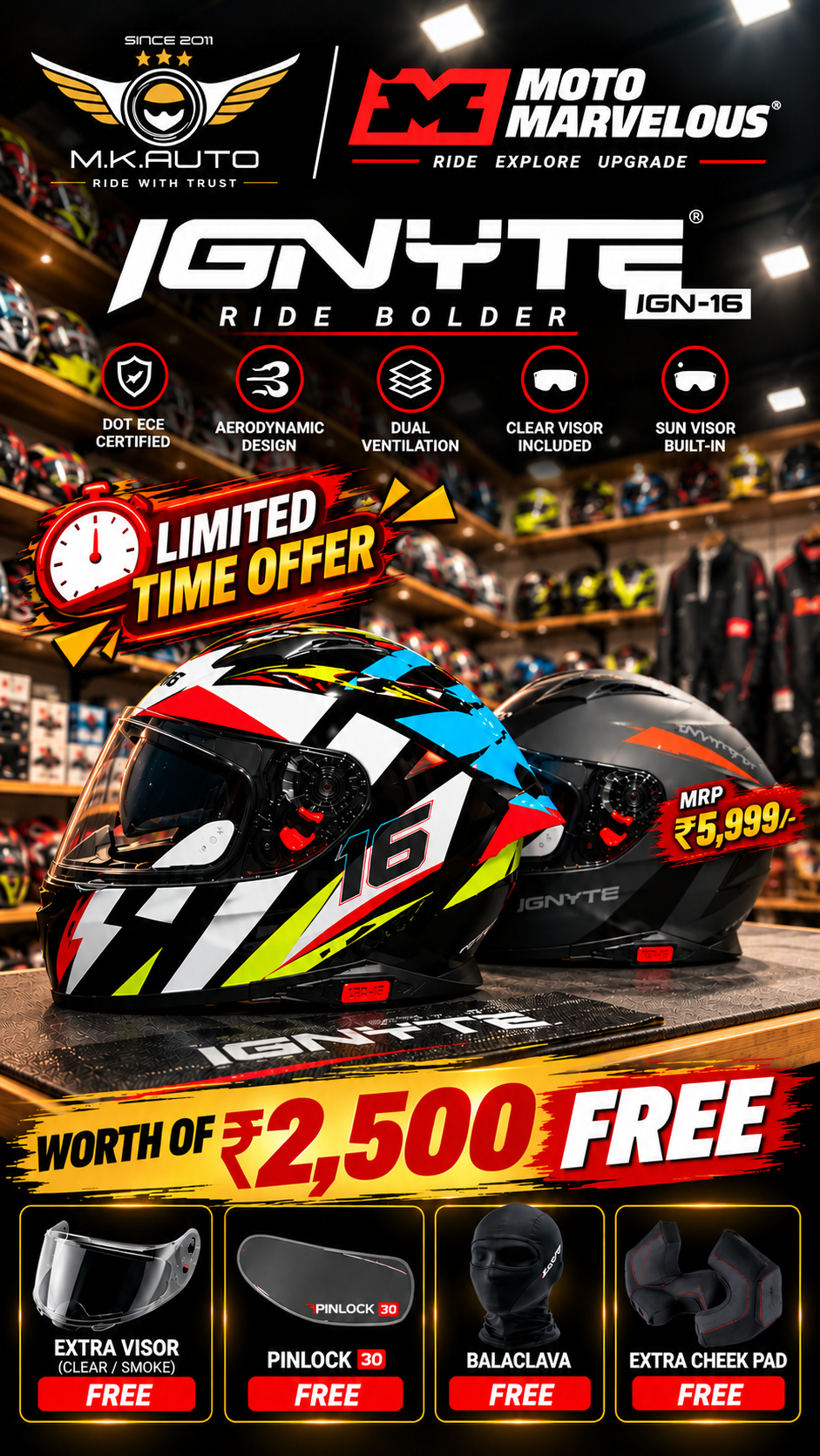 IGNYTE HELMET IGN-16 ISS DOT (WITH D-RING BUCKLE) WORTH 2500/- FREE PRODUCTS
