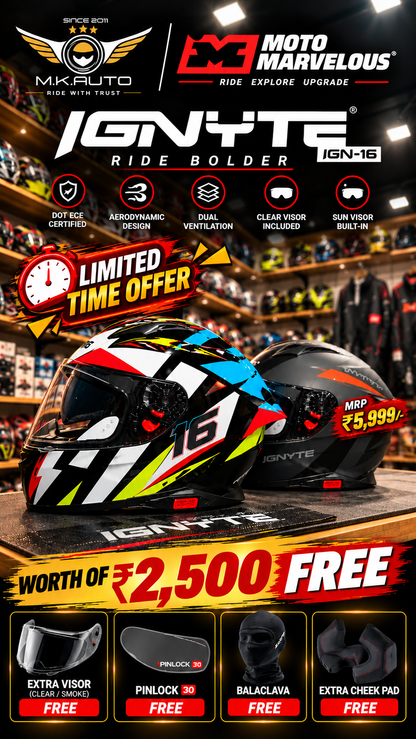 IGNYTE HELMET IGN-16 ISS DOT (WITH D-RING BUCKLE) WORTH 2500/- FREE PRODUCTS