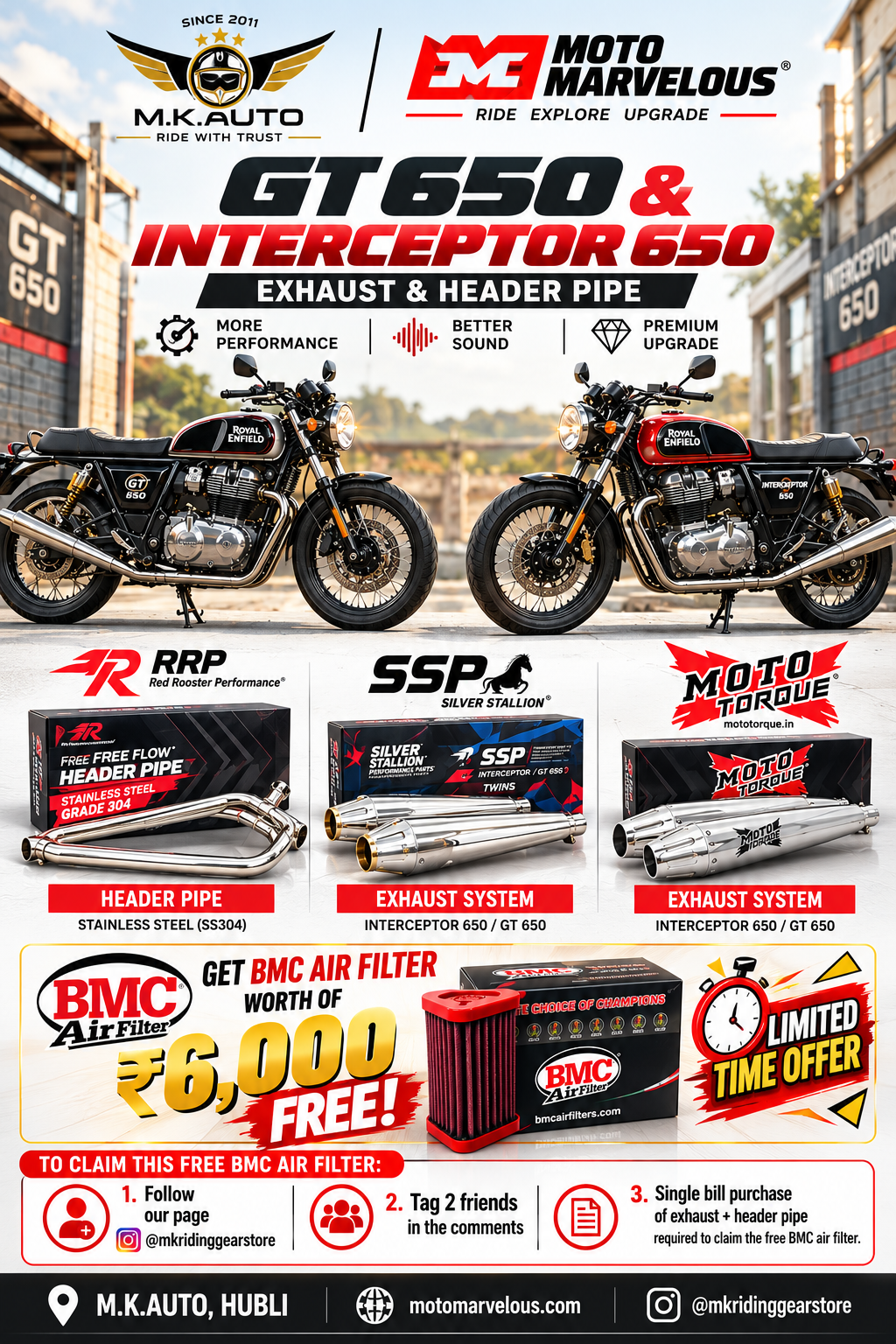 COMBO OFFER GT650/ INTERCEPTOR 650 RRP EXHUAST & RRP HEADER PIPE WORTH ₹6,000 BMC AIR FLITER FREE!