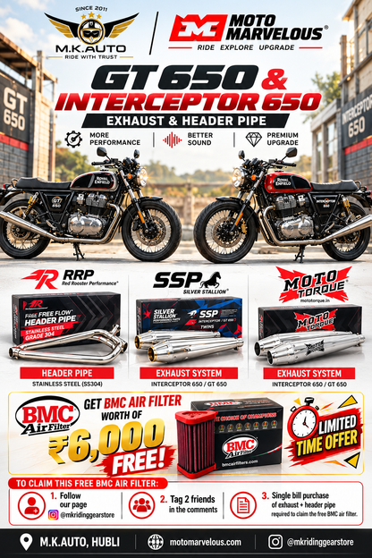 COMBO OFFER GT650/ INTERCEPTOR 650 RRP EXHUAST & RRP HEADER PIPE WORTH ₹6,000 BMC AIR FLITER FREE!