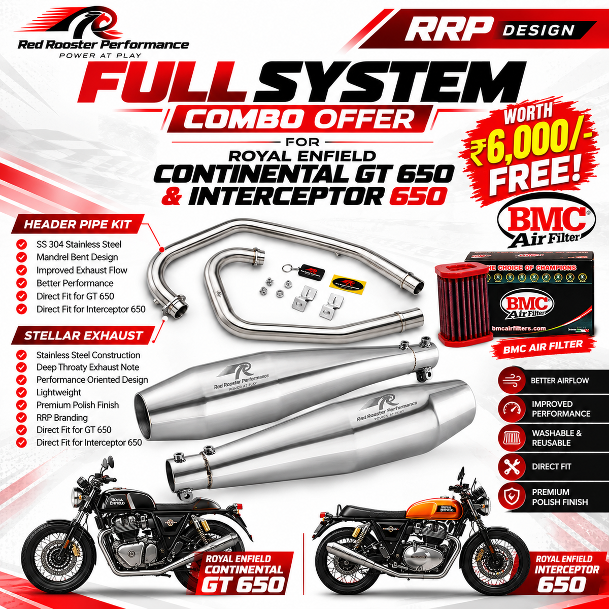 COMBO OFFER GT650/ INTERCEPTOR 650 RRP EXHUAST & RRP HEADER PIPE WORTH ₹6,000 BMC AIR FLITER FREE!