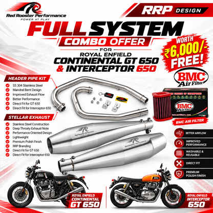 COMBO OFFER GT650/ INTERCEPTOR 650 RRP EXHUAST & RRP HEADER PIPE WORTH ₹6,000 BMC AIR FLITER FREE!