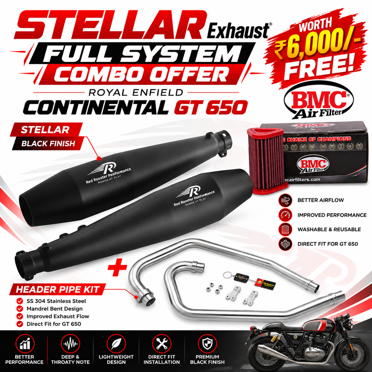 COMBO OFFER GT650/ INTERCEPTOR 650 RRP EXHUAST & RRP HEADER PIPE WORTH ₹6,000 BMC AIR FLITER FREE!